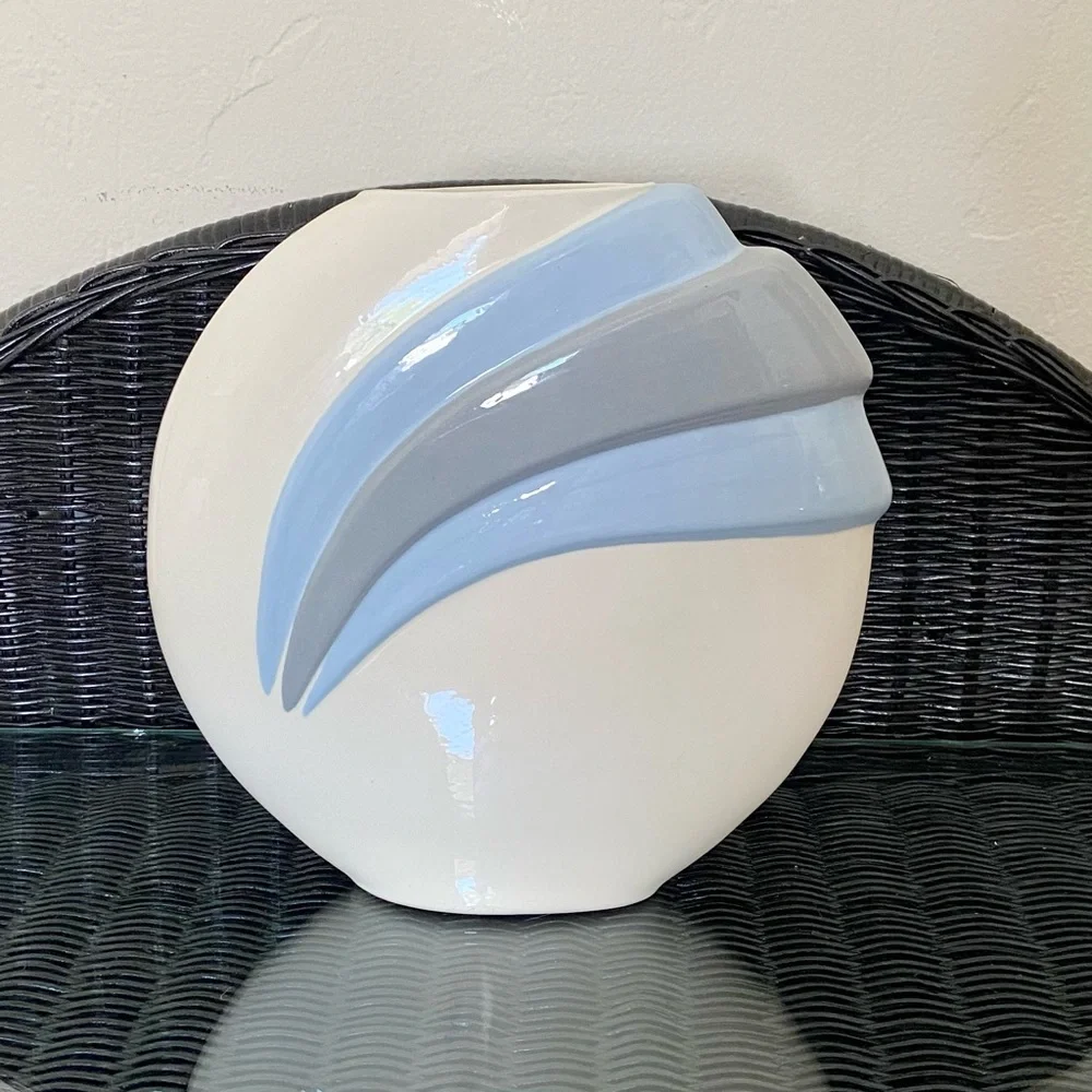 Vintage 1980s Art Deco Style Cornflower Blue and Cream Flat Round Ceramic Vase